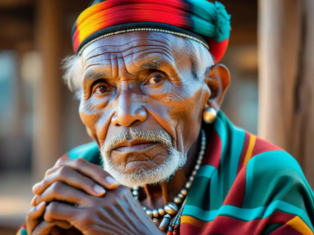 Un anciano indígena sabio tejiendo con destreza, fusionando tradición y tecnología para preservar sus costumbres ancestrales