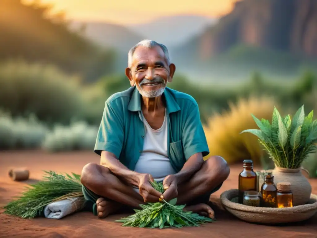 Anciano indígena sabio ordenando hierbas medicinales al atardecer