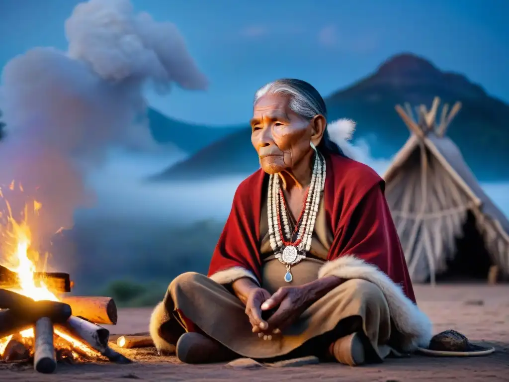 Sabiduría ancestral: anciano indígena junto al fuego estrellado Un anciano indígena sabio junto al fuego bajo un cielo estrellado, con ruinas antiguas al fondo