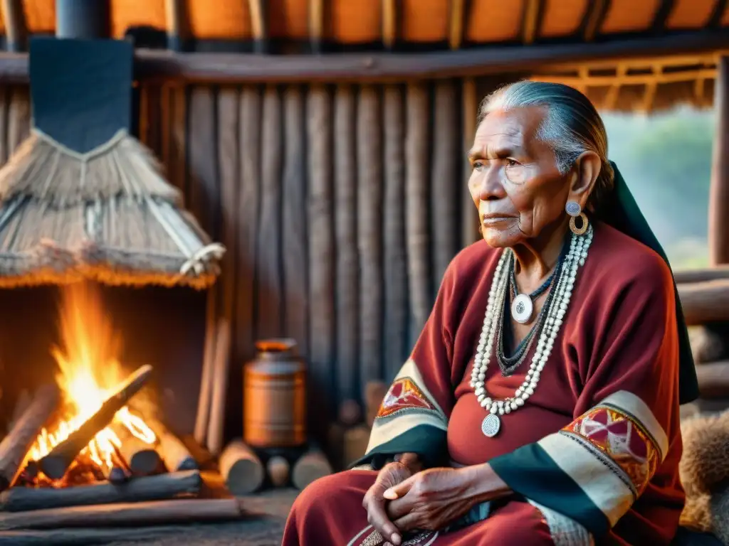 Un anciano indígena sabio junto al fuego en una cabaña, con artefactos y símbolos culturales