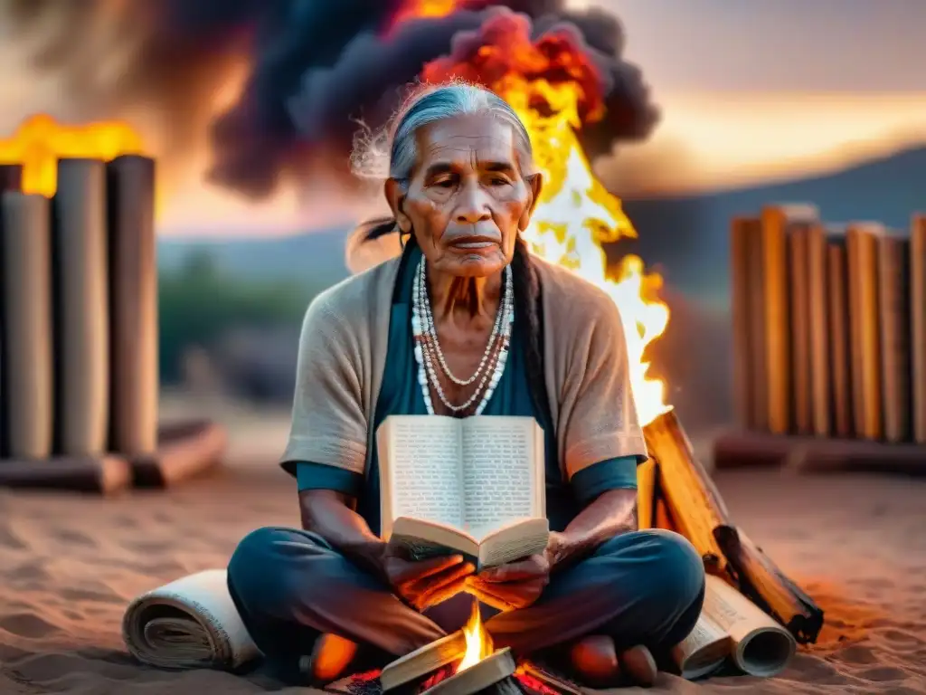 Anciano indígena sabio junto al fuego, rodeado de libros en lenguas indígenas