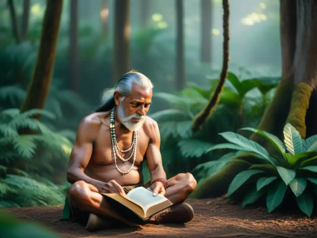 Un anciano indígena, sabio y resiliente, sostiene un libro rodeado de naturaleza