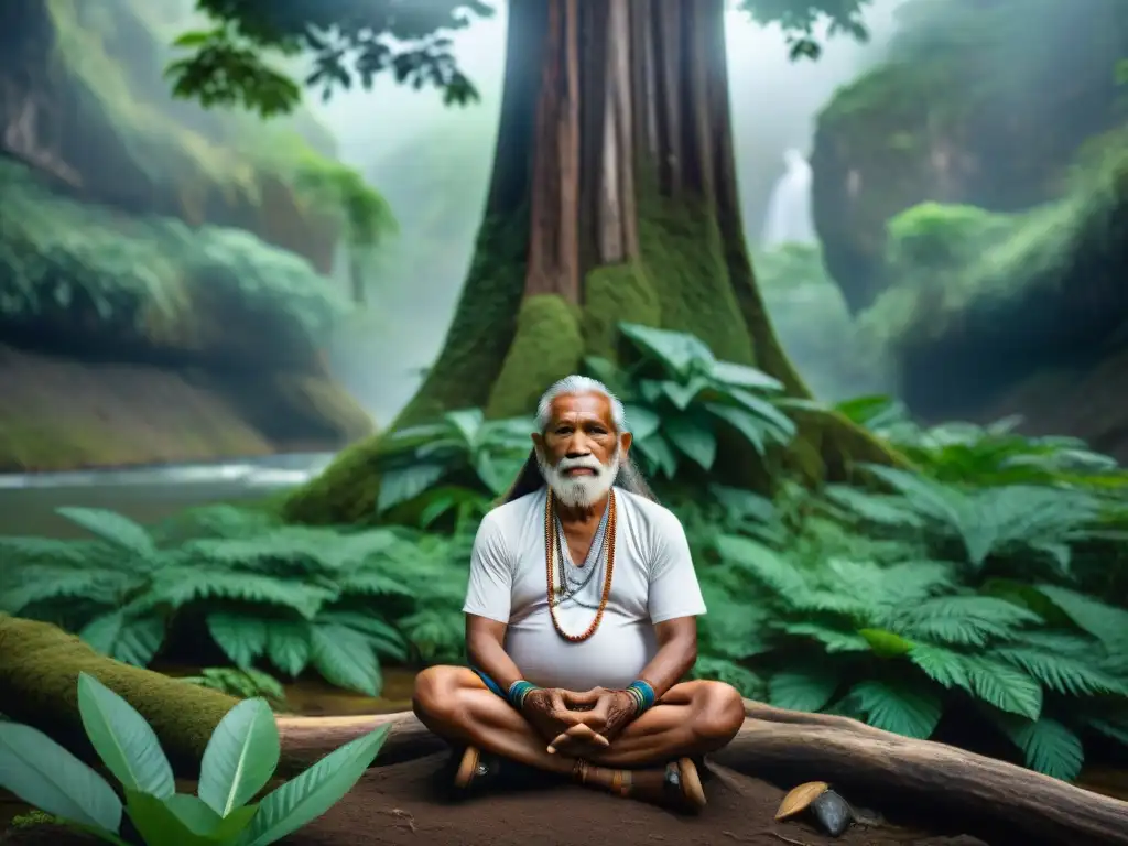 Un anciano indígena sabio en la selva, refleja la conexión entre enseñanzas indígenas, entorno y alma