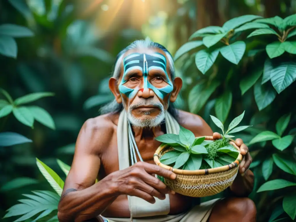 Un anciano indígena sabio en la selva con plantas medicinales en culturas indígenas