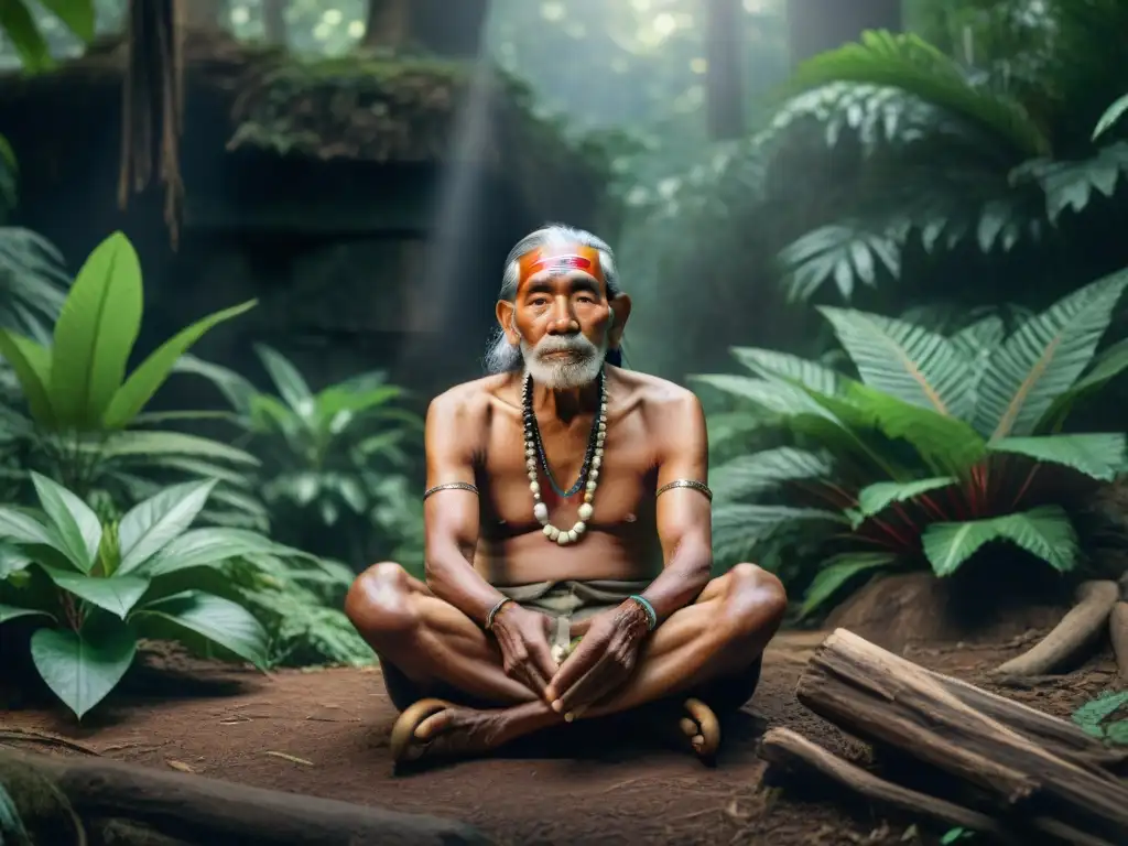 Un anciano indígena sabio en la selva, con joyas tradicionales, rodeado de naturaleza exuberante y ruinas antiguas