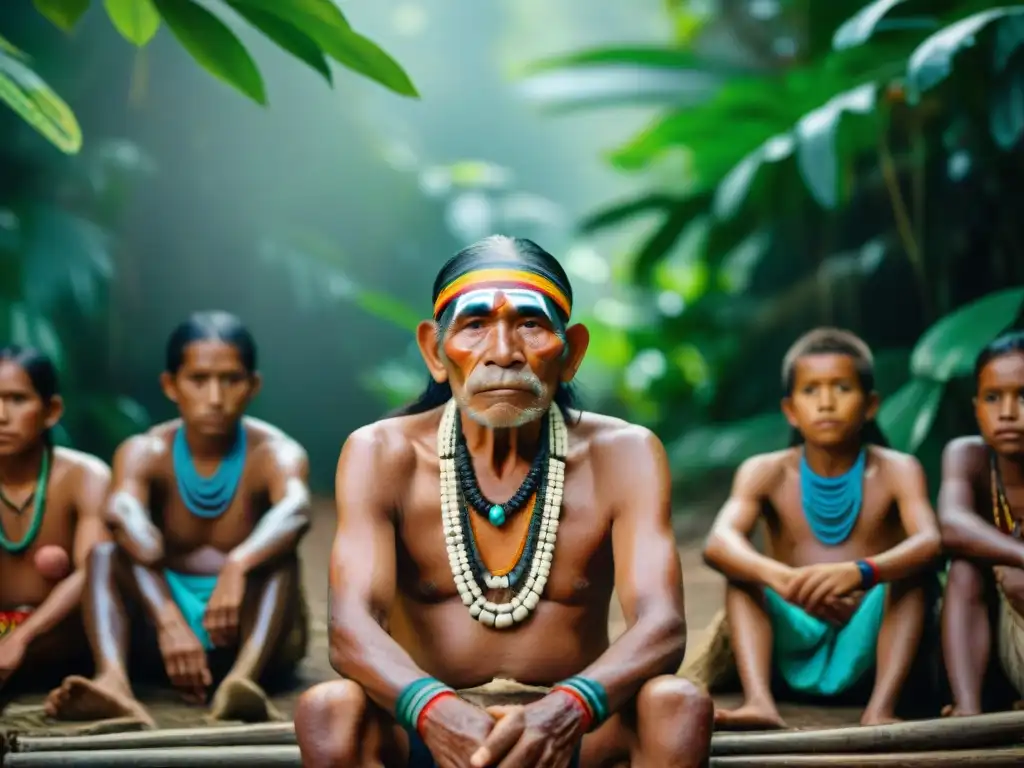 Un anciano indígena de la selva amazónica rodeado de niños, en un escenario de jungla exuberante