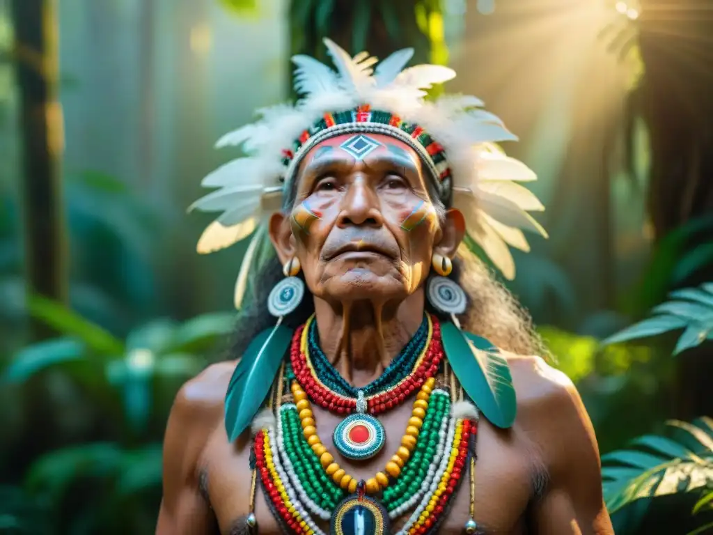 Un anciano indígena en la selva con atuendo ceremonial