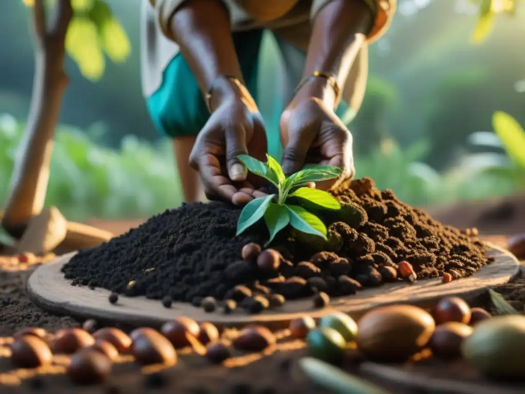 Anciano indígena plantando semillas en tierra oscura, reflejando métodos agrícolas indígenas contemporáneos