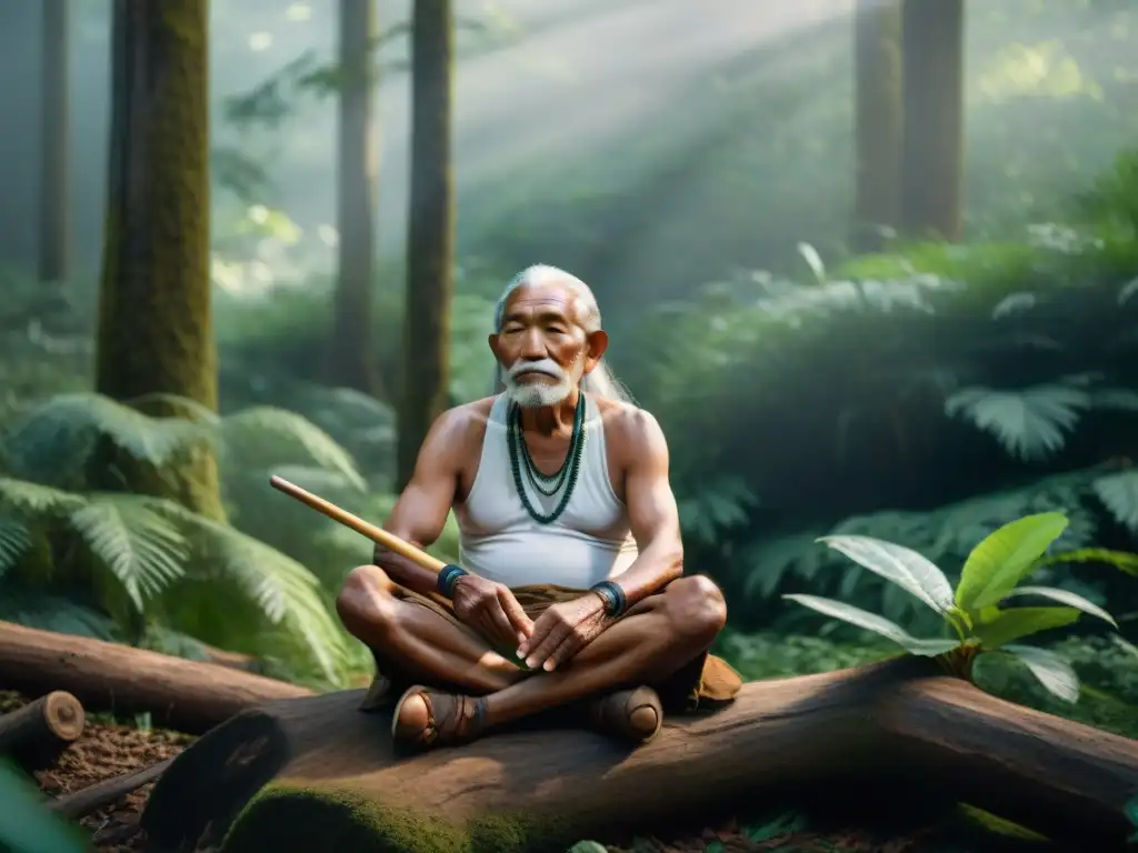 Un anciano indígena interpreta señales ambientales en la naturaleza, con sabiduría y conexión espiritual