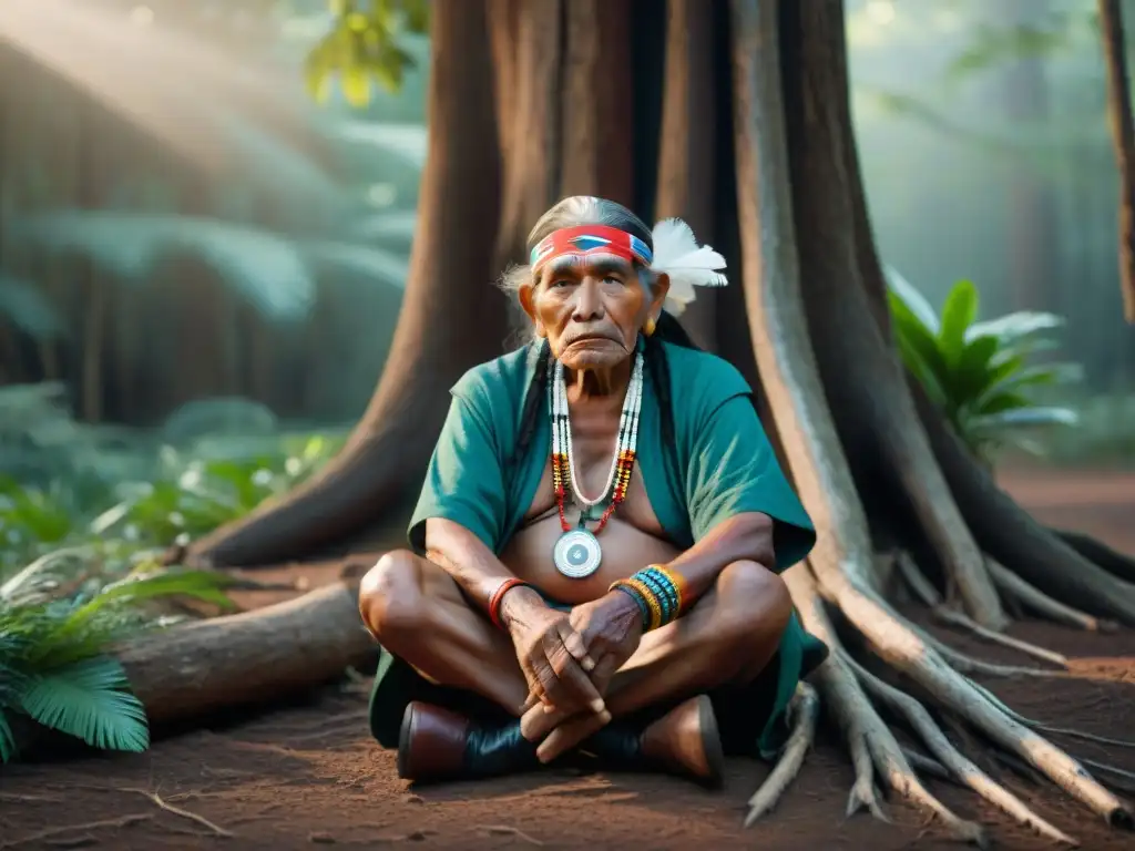 Un anciano indígena capturando sonidos de culturas indígenas Américas en la selva ancestral