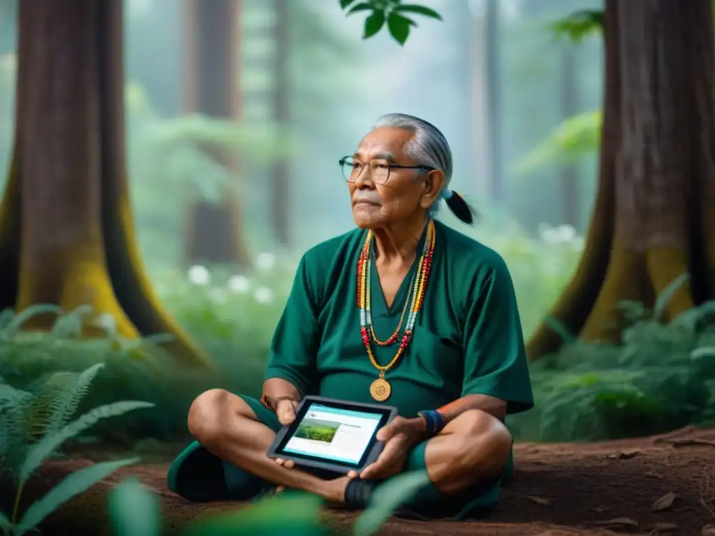 Anciano indígena en bosque con tablet mostrando mapas de tierras sagradas