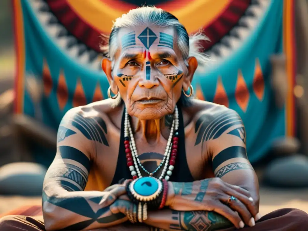 Un anciano indígena con tatuajes de símbolos sagrados, contando historias con sabiduría ancestral ante una colorida tela