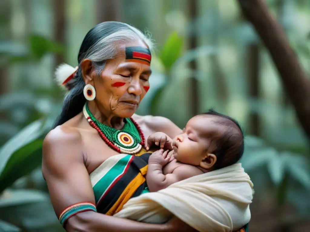 Un anciano indígena sostiene con ternura a un recién nacido, rodeados de mujeres y naturaleza