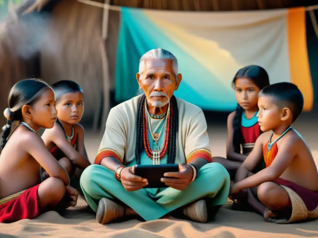 Un anciano indígena tradicional y niños en llamada de video por tablet; fusión de tradición y tecnología en educación indígena digital innovadora