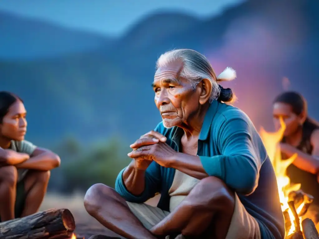 Anciano indígena comparte tradiciones orales con niños bajo el cielo estrellado