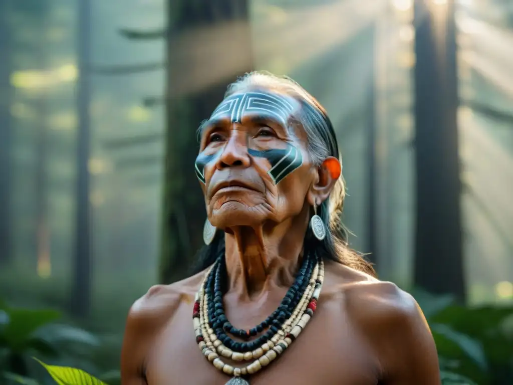 Un anciano indígena, vestido con atuendo tradicional, contempla el bosque con sabiduría