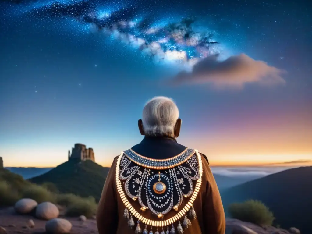 Un anciano indígena, vestido con atuendos celestiales, señala constelaciones bajo un cielo estrellado