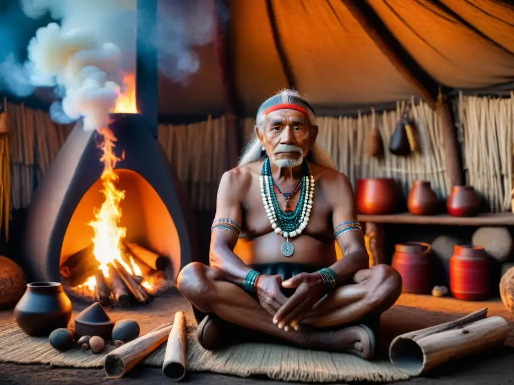 Un anciano indígena en vestimenta ceremonial frente al fuego, envuelto en sabiduría y tradición de técnicas indígenas predicción clima arte