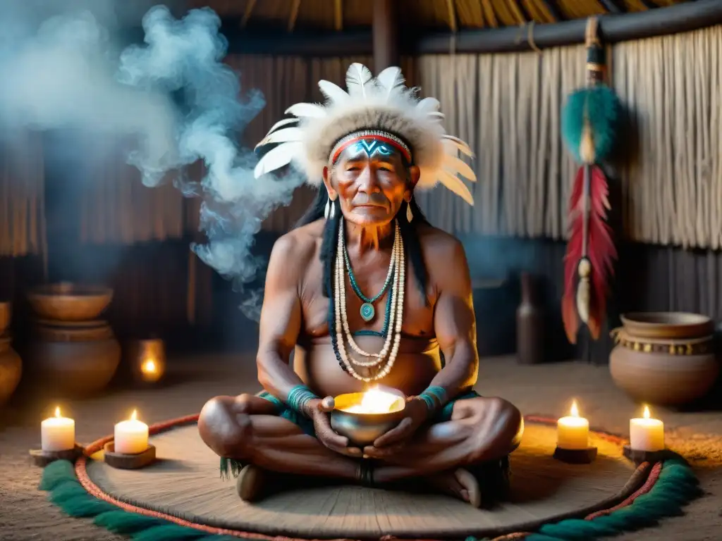 Un anciano chamán indígena en vestimenta tradicional rodeado de velas en una cabaña ceremonial