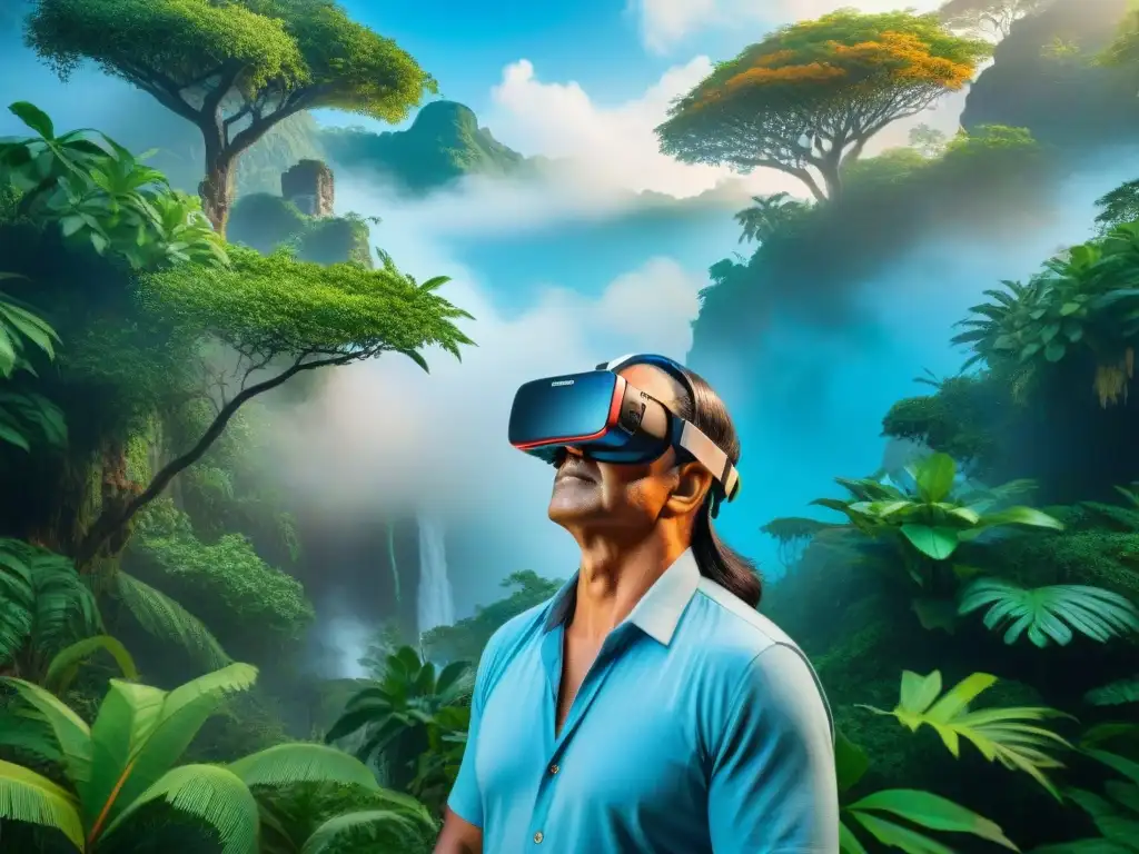 Un anciano indígena usando un visor de realidad virtual, inmerso en su tierra ancestral rodeado de elementos culturales