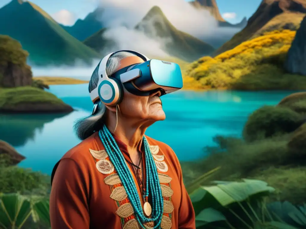 Un anciano indígena usando un visor de realidad virtual en un sitio histórico, rodeado de artefactos y naturaleza, con traducciones de idiomas