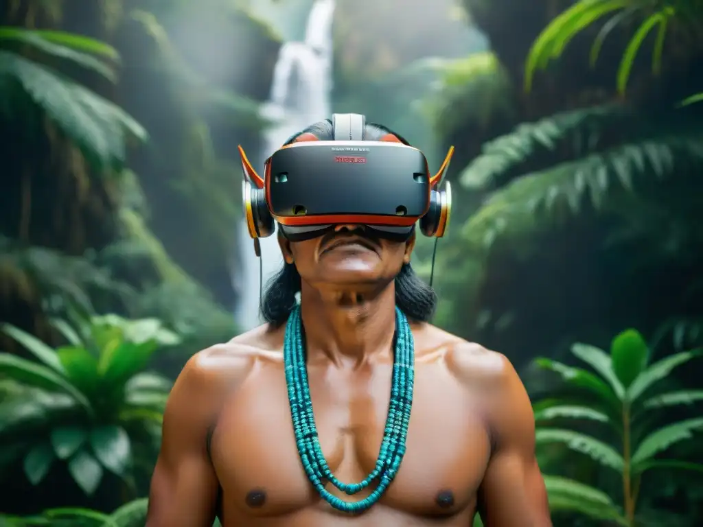 Un anciano indígena usa un visor de realidad virtual en la selva, conectando con su cultura ancestral