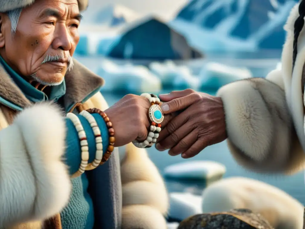 Un anciano inuit tallando un brazalete de marfil con símbolos culturales en un paisaje ártico