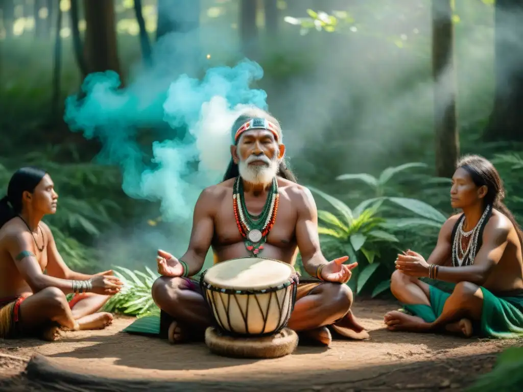 Un anciano chamán indígena guía en meditación a jóvenes de distintas tribus en un claro del bosque, creando un ambiente de unidad y sabiduría