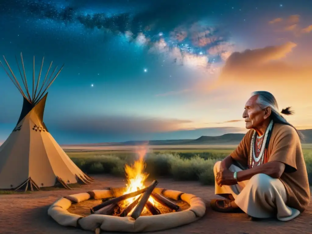 Un anciano Lakota Sioux comparte sabiduría junto a un fuego, rodeado de tipis y la vasta llanura bajo un cielo estrellado