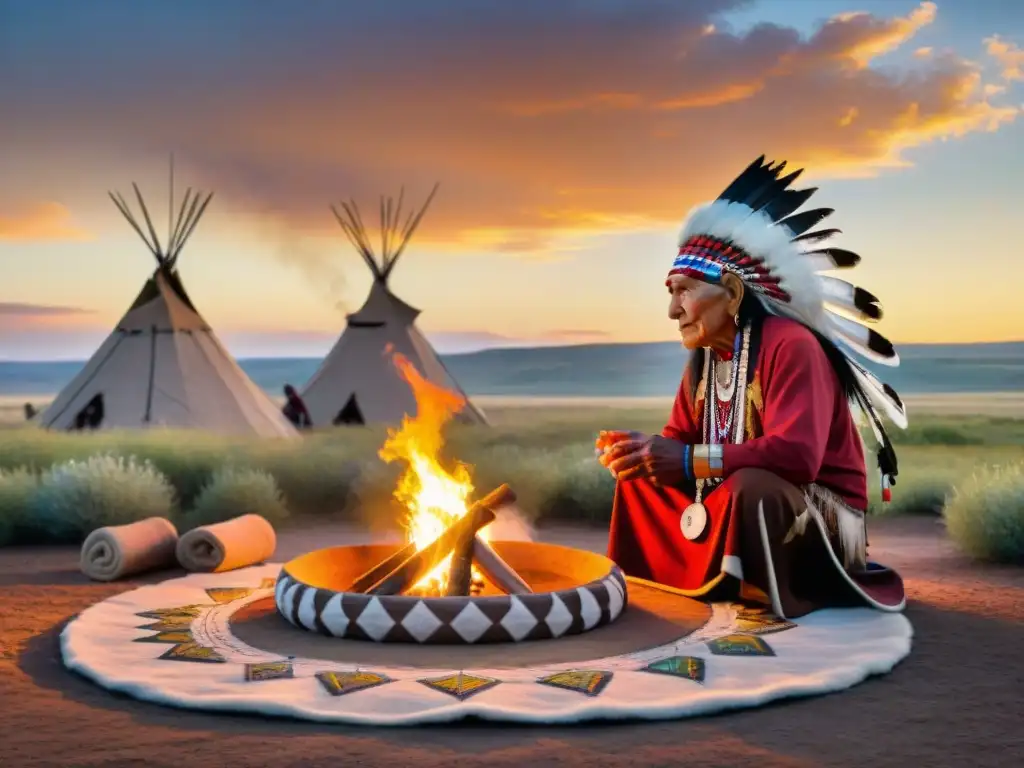 Un anciano lakota realiza un ritual al amanecer en las Grandes Llanuras, rodeado de belleza serena