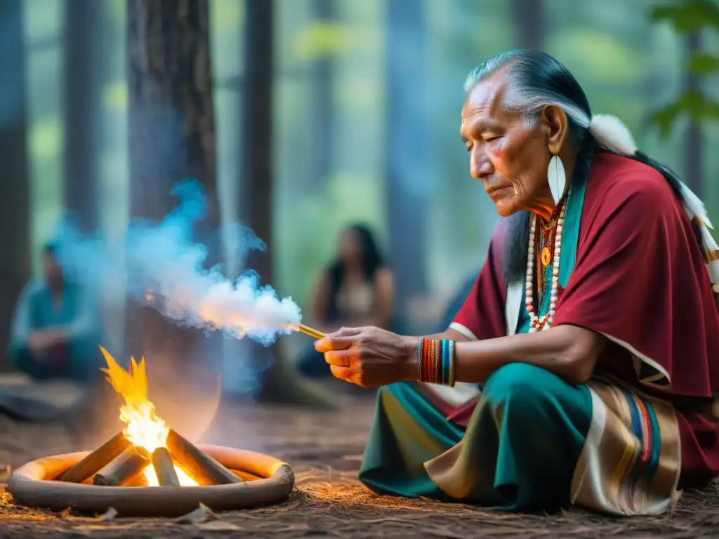 Un anciano Lakota Sioux realiza una ceremonia de purificación en el bosque sagrado, rodeado de participantes en paz y reverencia