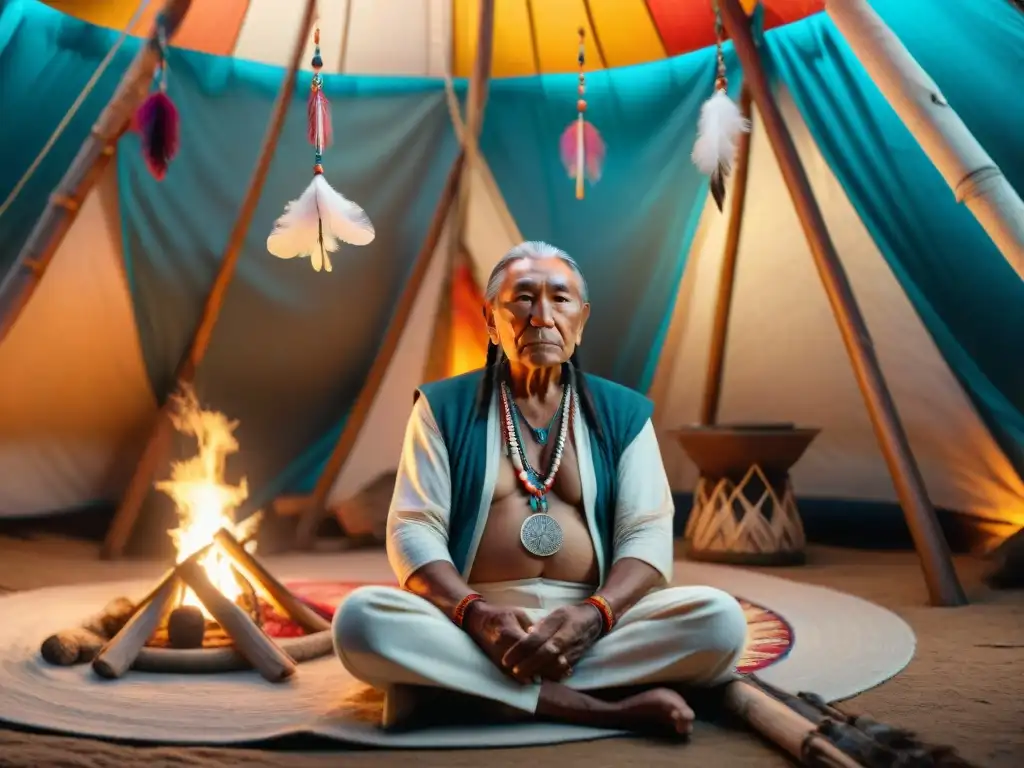 Un anciano Lakota en una tienda iluminada tenue, rodeado de atrapasueños