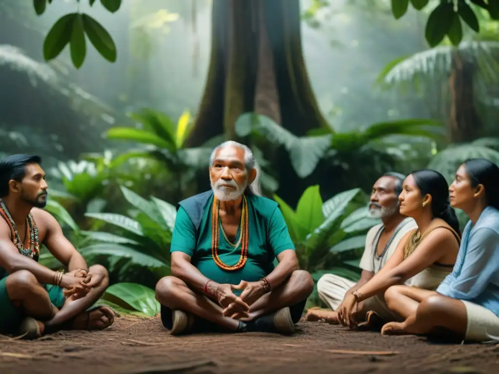 Anciano líder indígena bajo árbol, rodeado de comunidad variada en la selva