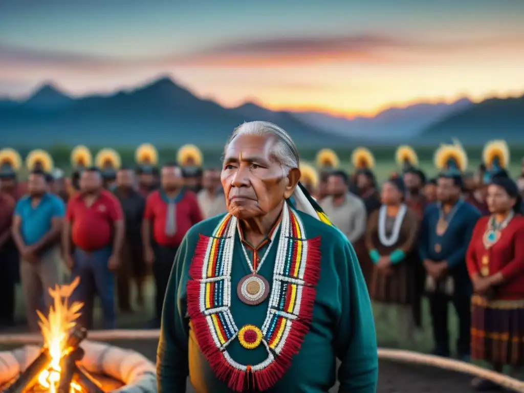 Anciano líder indígena en atuendo tradicional frente a comunidad alrededor de fogata bajo cielo estrellado