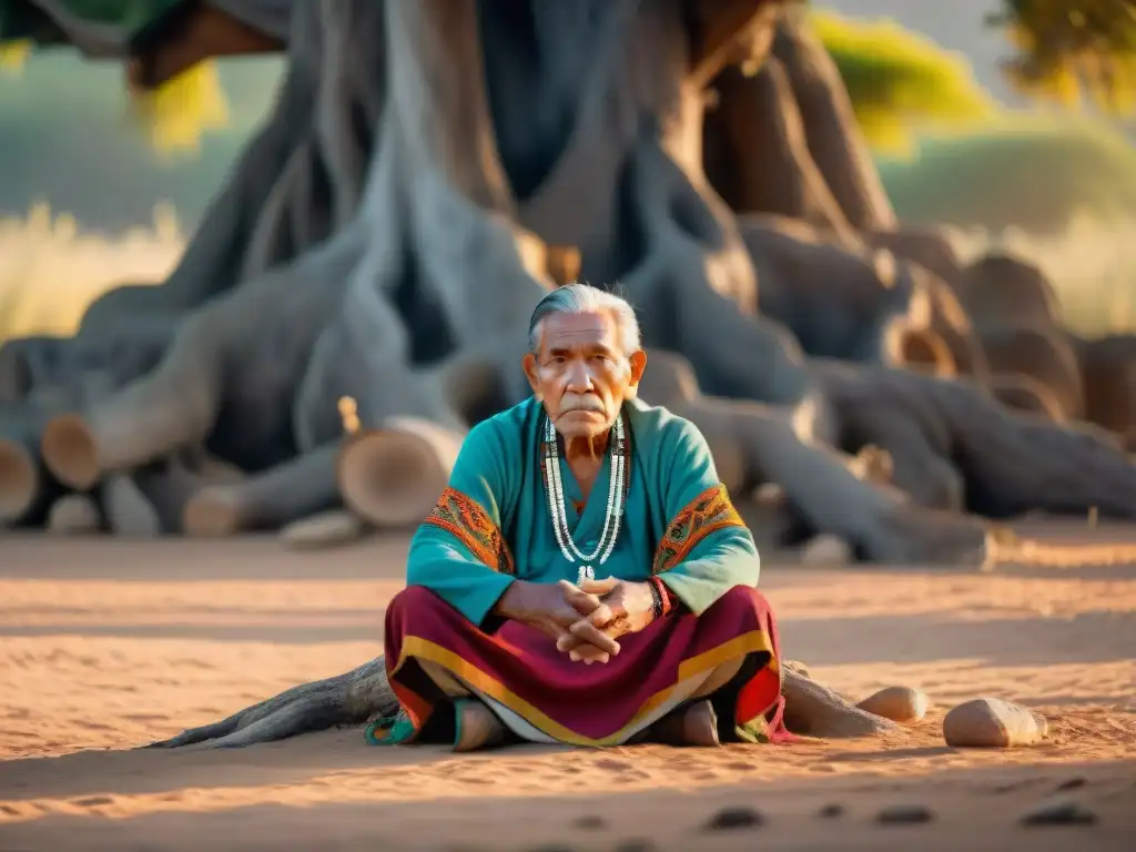 Un anciano líder indígena comparte principios espirituales de culturas indígenas bajo un árbol ancestral al atardecer