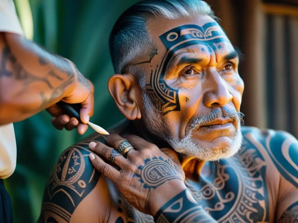 Un anciano maorí recibe un tatuaje tradicional Ta Moko en su rostro, mostrando el significado de los tatuajes en culturas indígenas