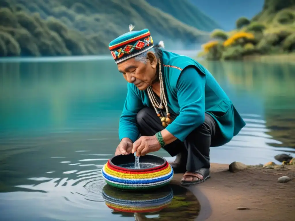 Anciano Mapuche realiza ceremonia de agua, reflejando la Importancia del agua en cosmovisiones indígenas