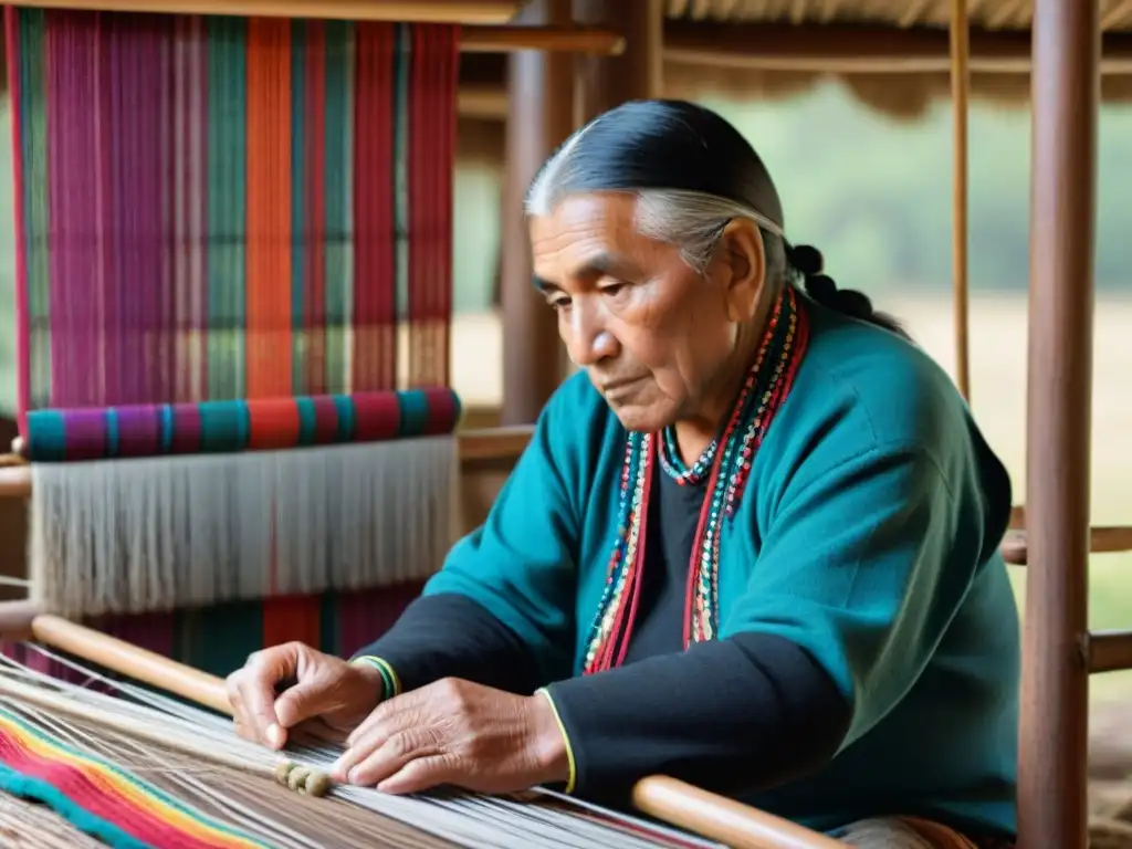 Un anciano Mapuche teje con destreza patrones coloridos en un telar tradicional, mostrando arte comunicación ancestral mapuche virtual