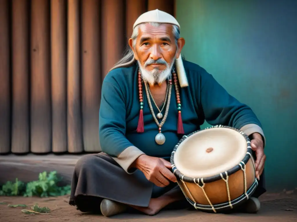 Un anciano Mapuche sostiene un kultrun, mostrando sabiduría y tradición