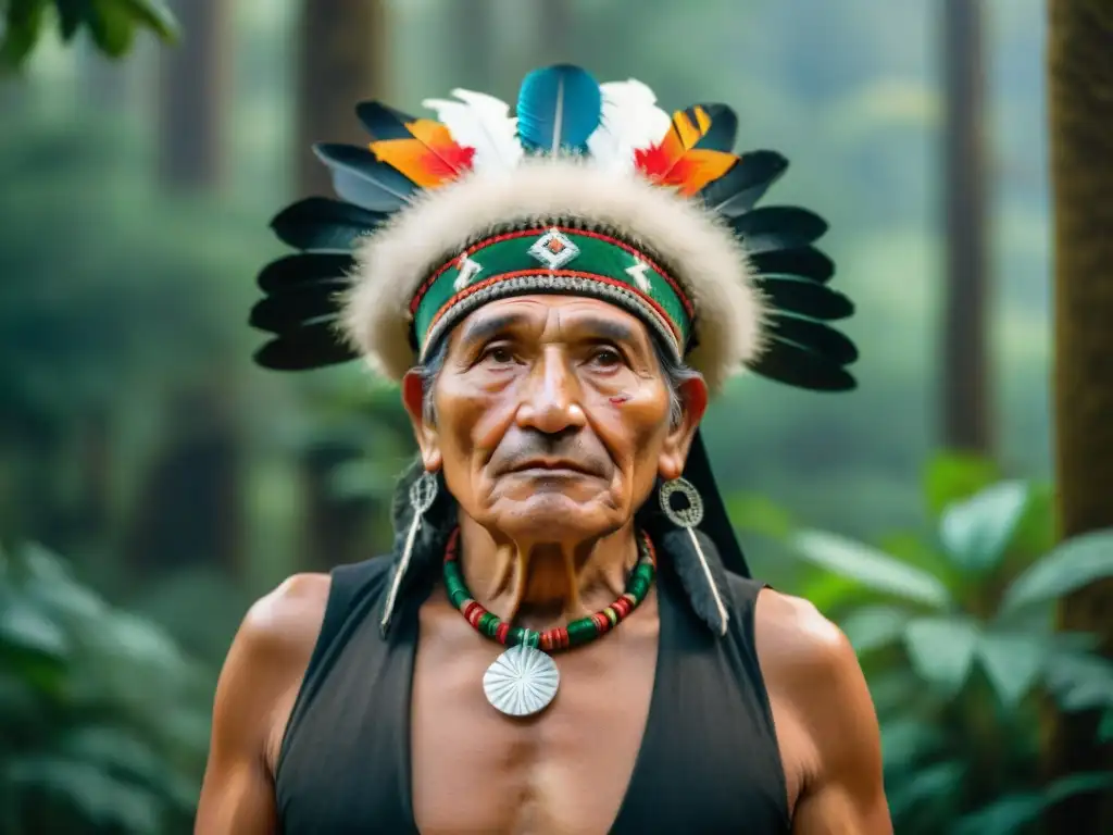 Un anciano Mapuche del Chaco Paraguayo, con atuendo tradicional y marcas tribales, irradia resistencia y sabiduría en la selva