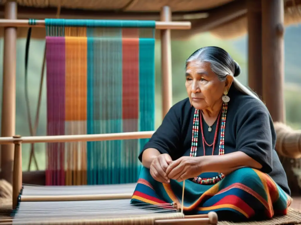 Un anciano Mapuche tejiendo un tapiz colorido en un telar tradicional, en una habitación con arte y velas