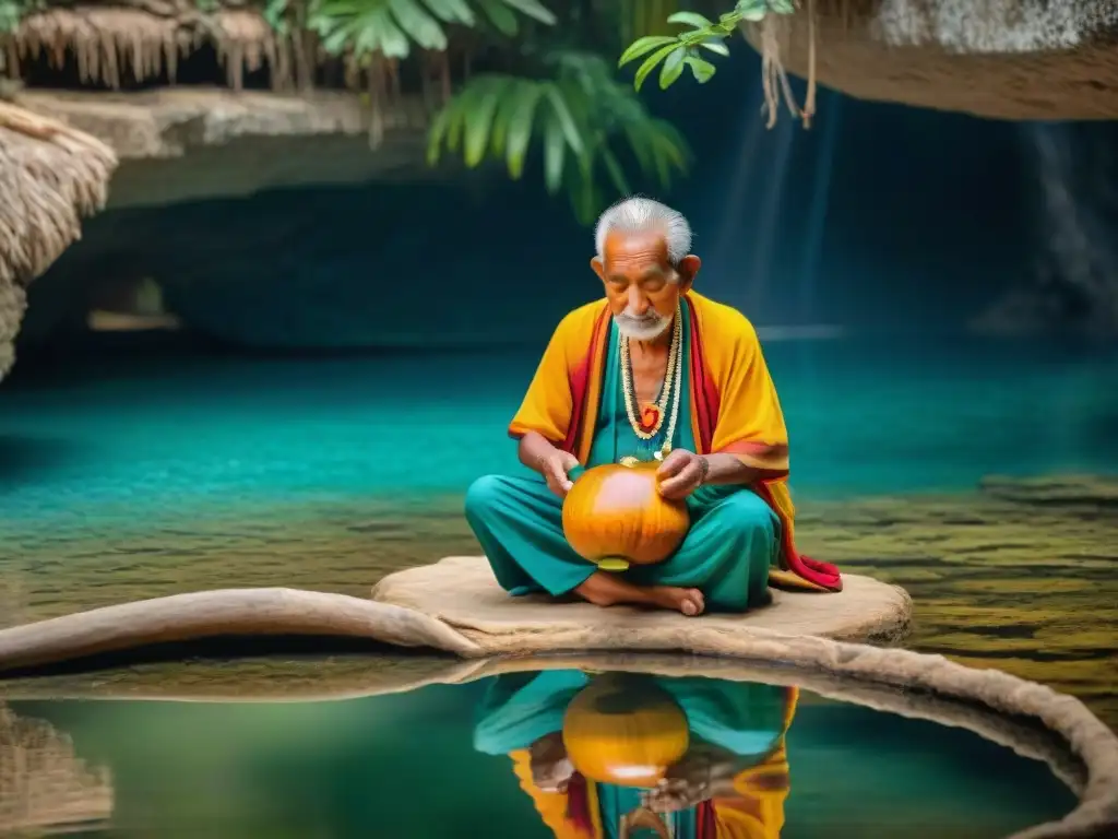 Anciano maya practicando conservación del agua en cenote guatemalteco