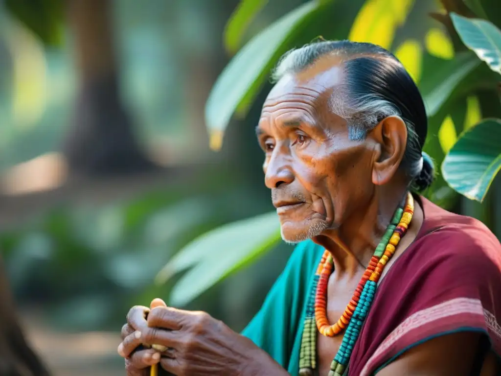 Un anciano maya teje joyería bajo un ceiba, en un mercado vibrante