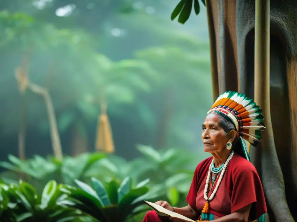 Un anciano maya enseña bajo un ceiba a alumnos diversos