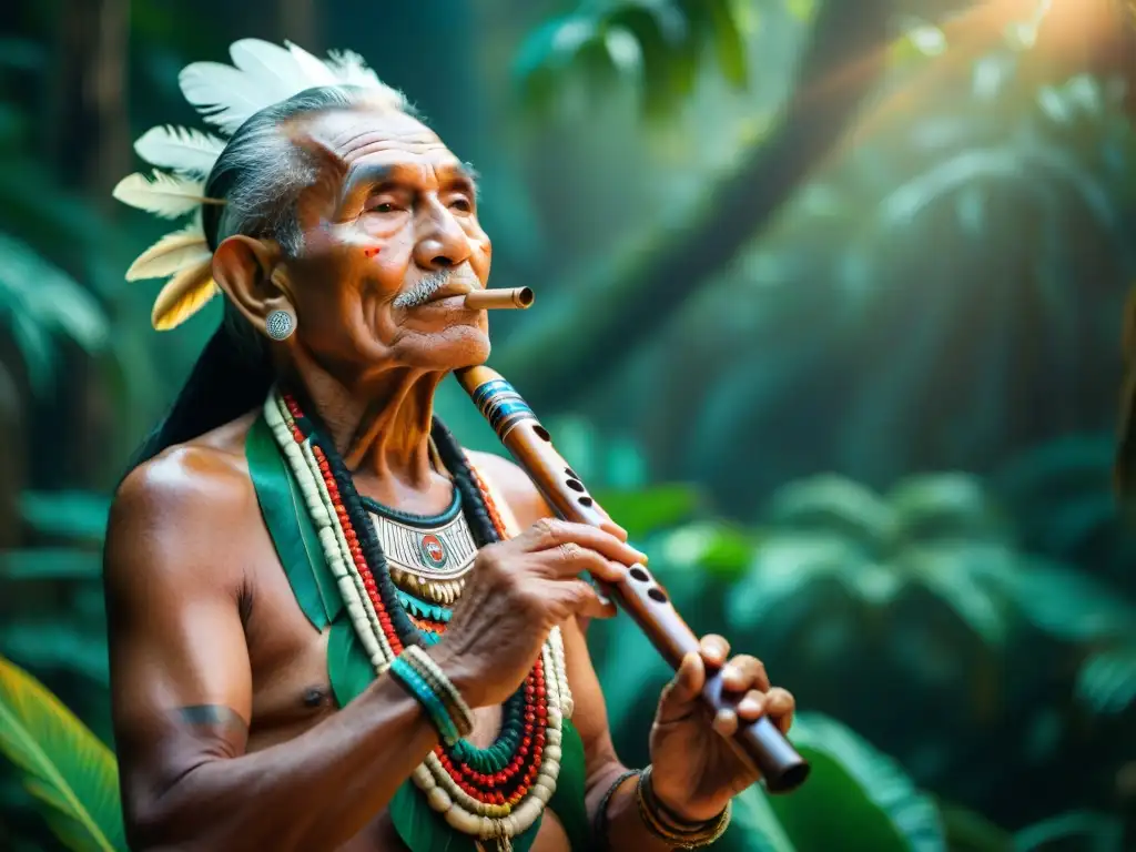 Un anciano maya tocando una flauta de madera en la selva con plumas coloridas