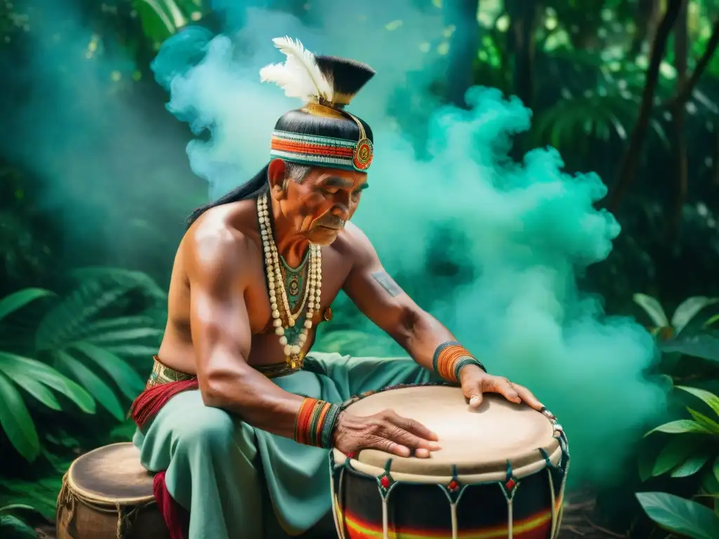 Un anciano maya tocando el tambor Tunkul en un ritual sagrado en la selva