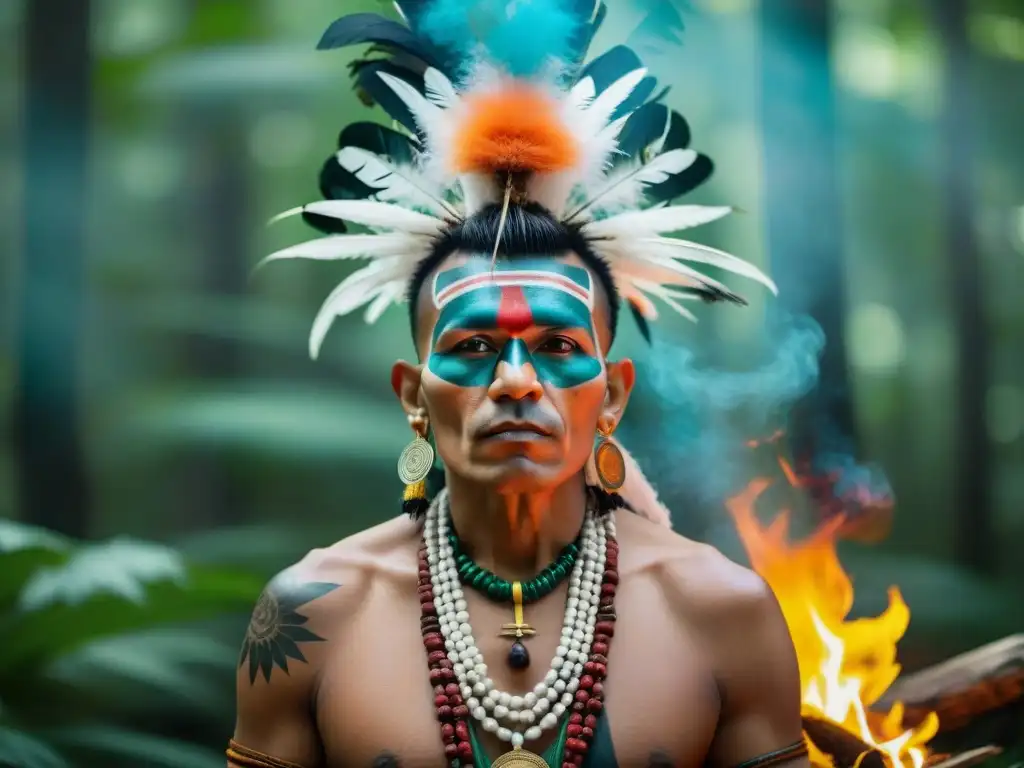 Un anciano Mohawk realiza una ceremonia espiritual en el bosque, rodeado de elementos sagrados, conectando con la naturaleza y sus tradiciones