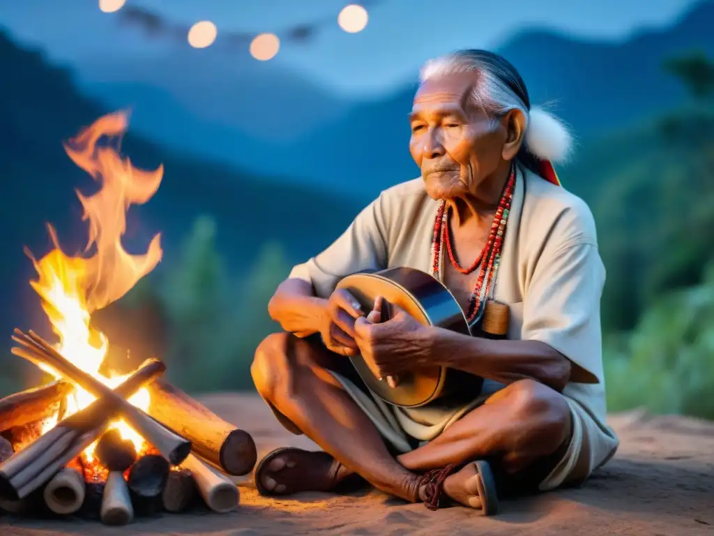 Anciano músico indígena preservando música tradicional junto al fuego estrellado en la selva