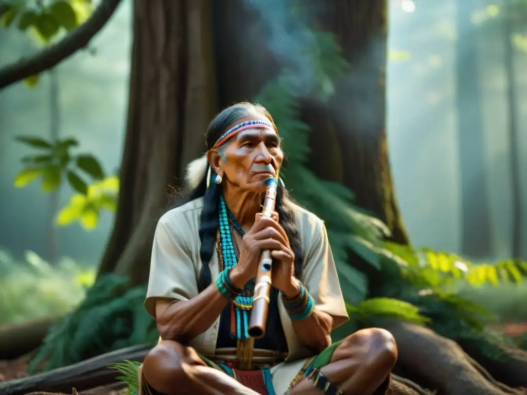 Un anciano músico nativo americano toca una flauta bajo un roble, conectando con la naturaleza