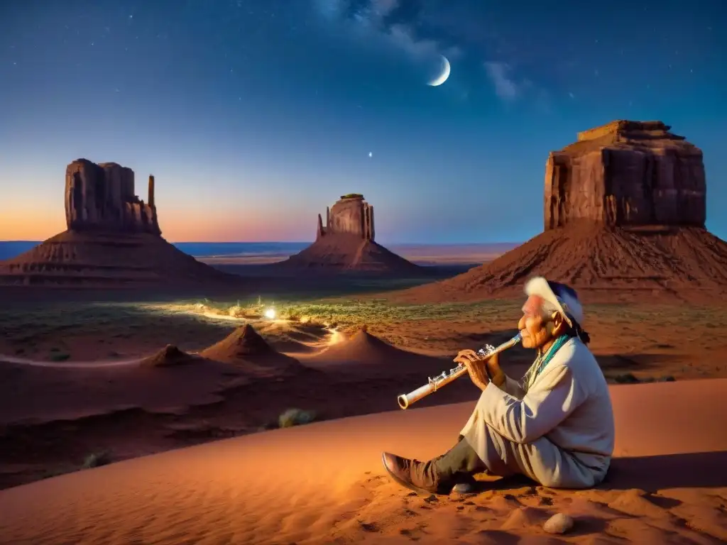 Un anciano músico Navajo tocando una flauta tradicional bajo el cielo estrellado en Monument Valley